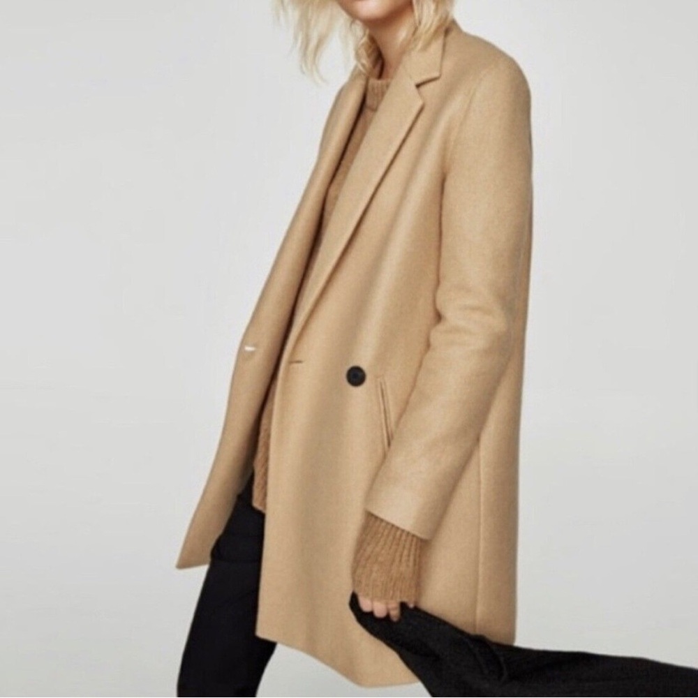 Zara Basic Cotton Blend Double Breasted Camel Coat Large